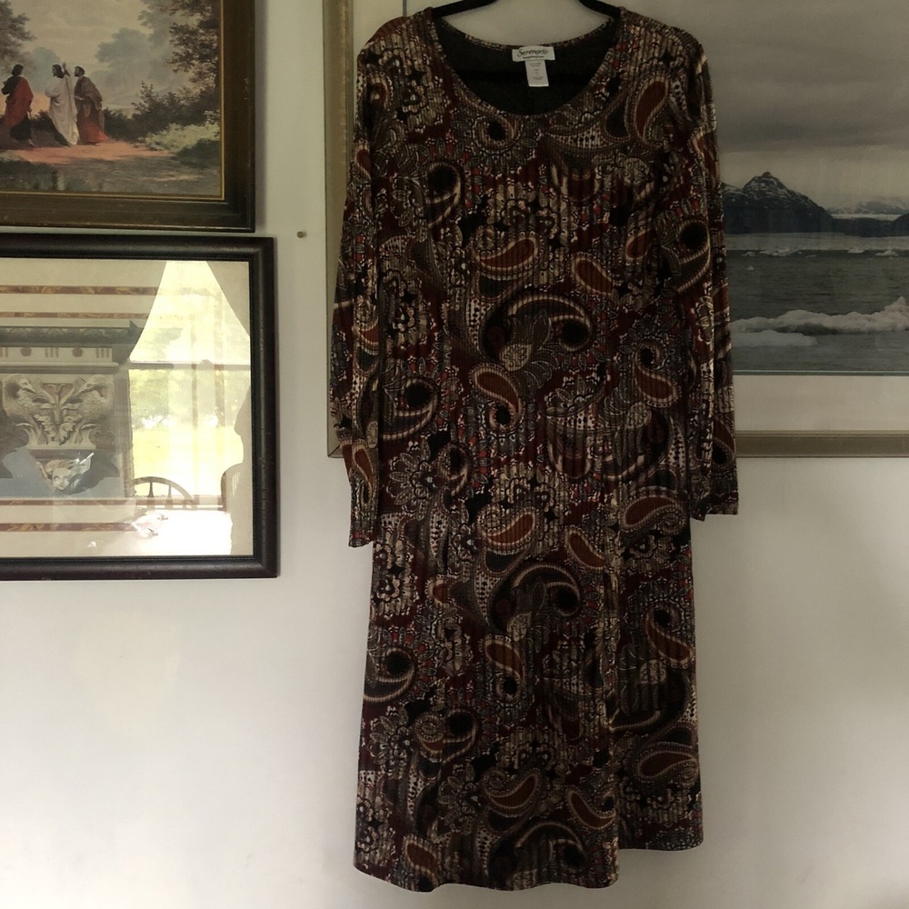 Serengeti Brown Paisley MIDI Long Sleeve Dress Modest Sz S A2227